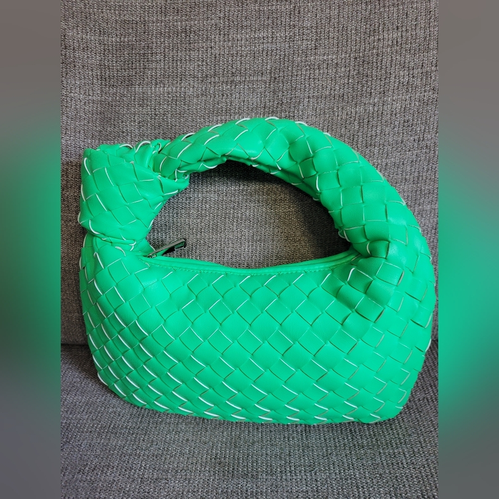 Lime Green Woven Faux Leather Knot Handbag